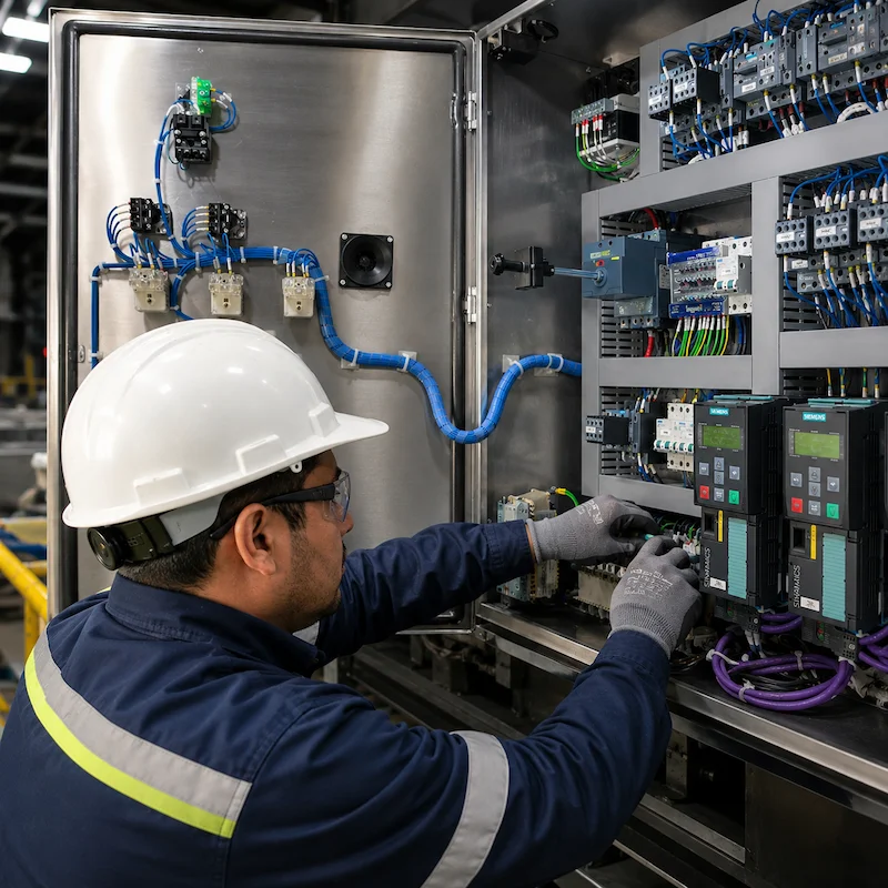 Técnico realizando trabajos de automatización y control industrial en gabinete eléctrico con PLC, variadores de frecuencia y sistemas de control.