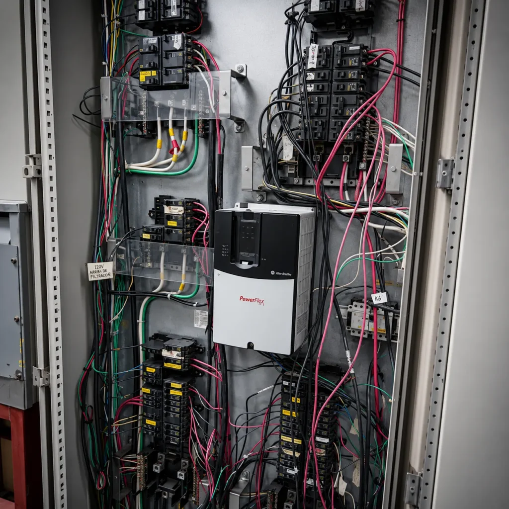 Tablero de distribución eléctrica industrial con variador de frecuencia, protecciones eléctricas y sistemas de control de potencia.