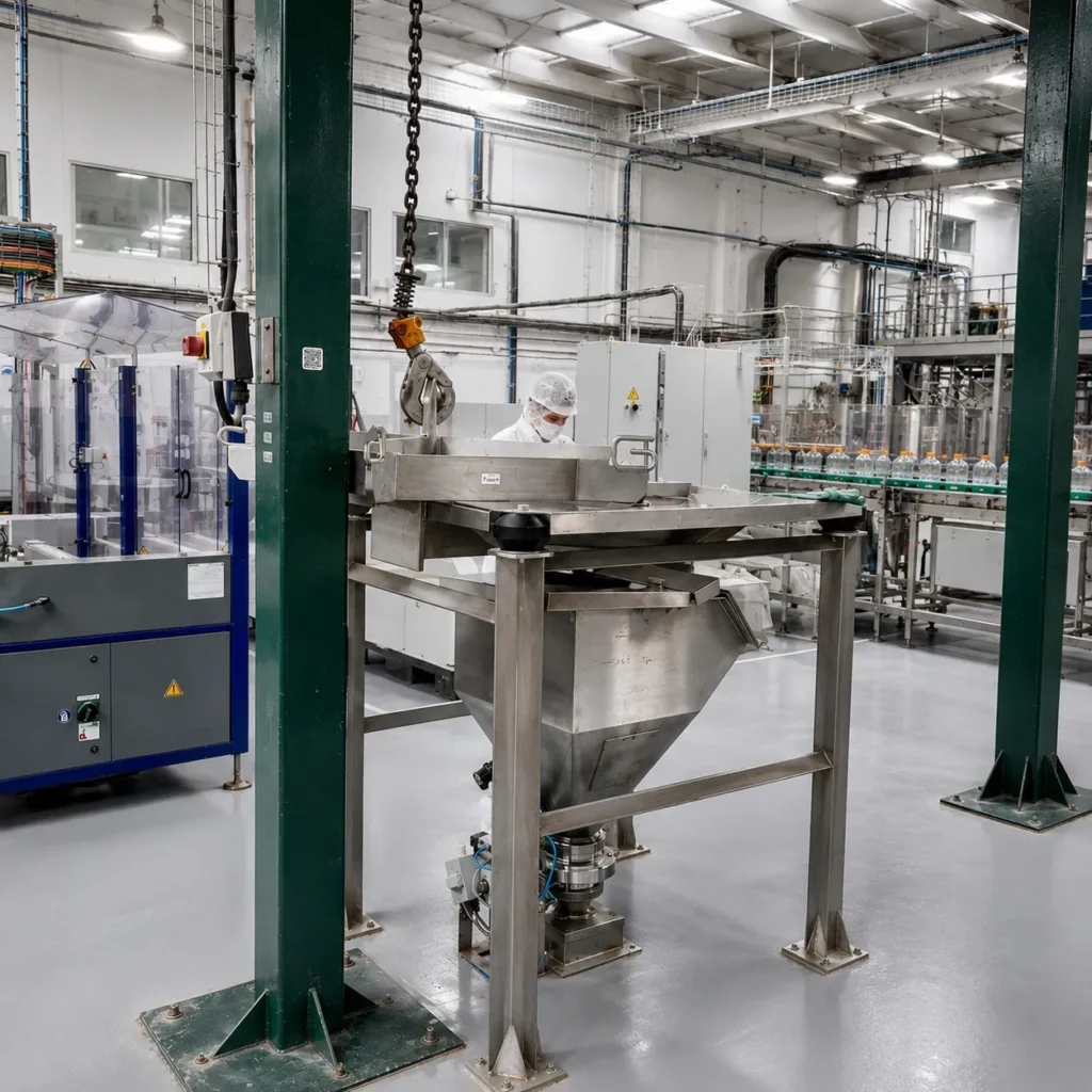 Equipos industriales de acero inoxidable para procesamiento de alimentos y bebidas con diseño sanitario y grado alimentario.