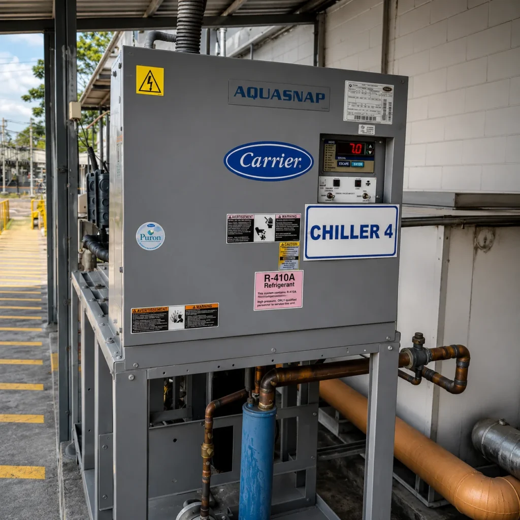 Chiller industrial Carrier utilizado en sistemas HVAC y refrigeración para control de temperatura en procesos industriales.