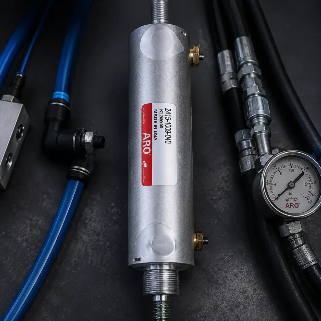 Cilindro neumático industrial con conexiones hidráulicas y componentes para automatización y control de movimiento.