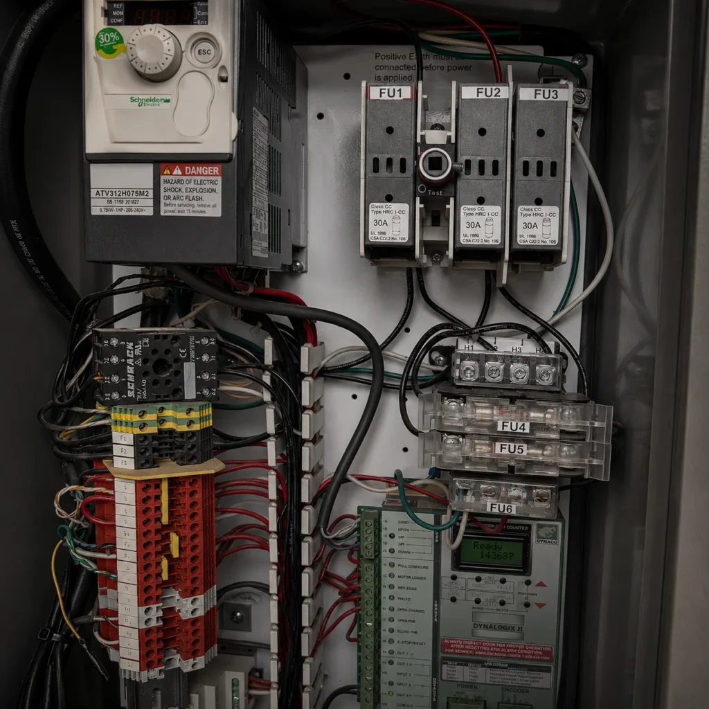 Panel de automatización y control industrial con variador de frecuencia, módulos de control y componentes eléctricos para procesos industriales.