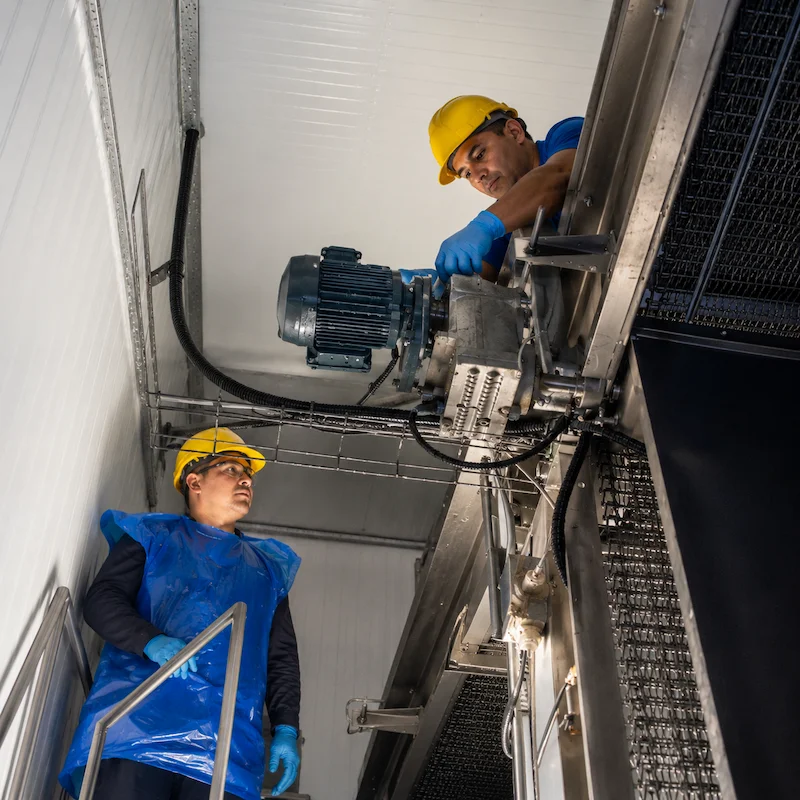 Técnicos realizando mantenimiento e inspección de motores industriales y sistemas de transmisión de potencia en planta industrial.