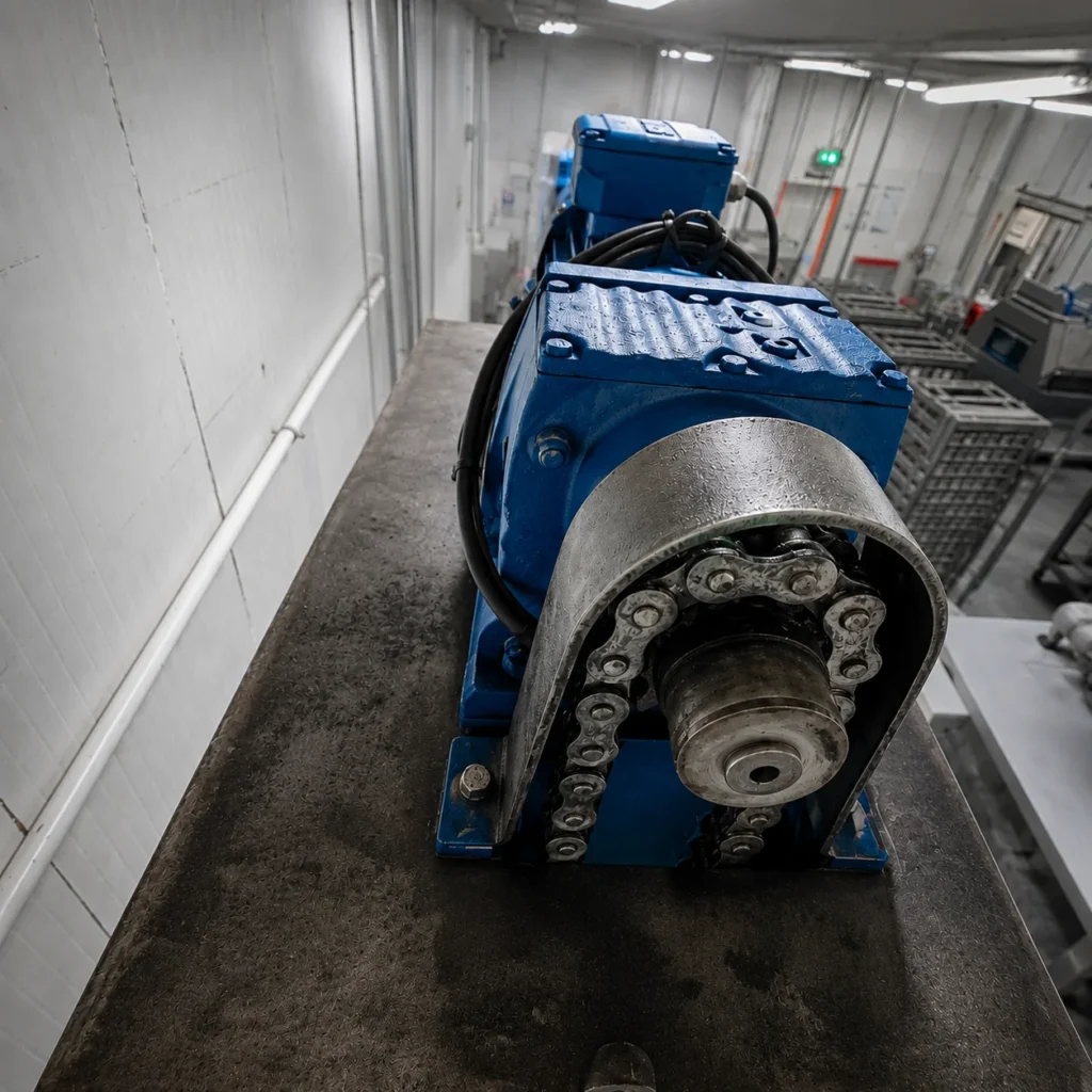 Sistema de transmisión de potencia industrial con motorreductor, cadena y componentes mecánicos para aplicaciones industriales.