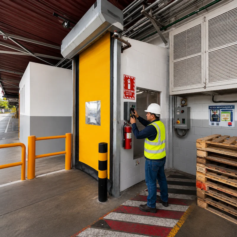 Puerta industrial rápida para logística y carga en centro de distribución industrial en Guatemala.