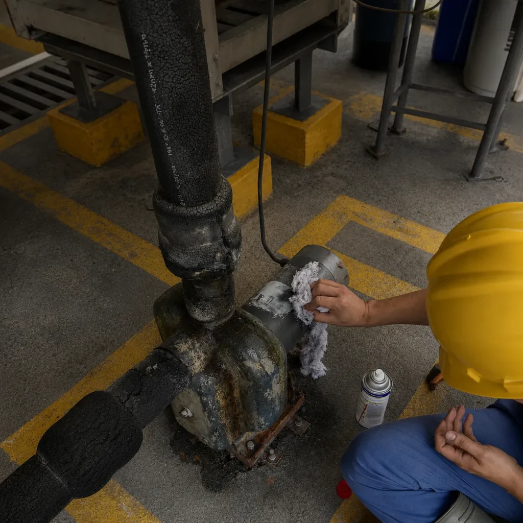 Técnico realizando inspección y mantenimiento de equipo industrial para identificación de repuestos especializados.