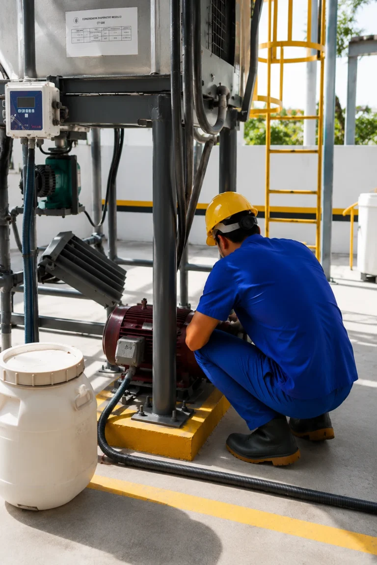 Técnico realizando mantenimiento industrial en bombas y motores dentro de planta industrial en Guatemala.