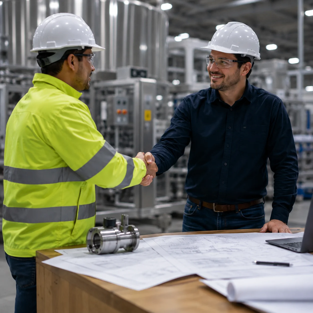 Ingenieros industriales revisando una solución técnica en planta industrial como parte del acompañamiento y seguimiento a clientes.