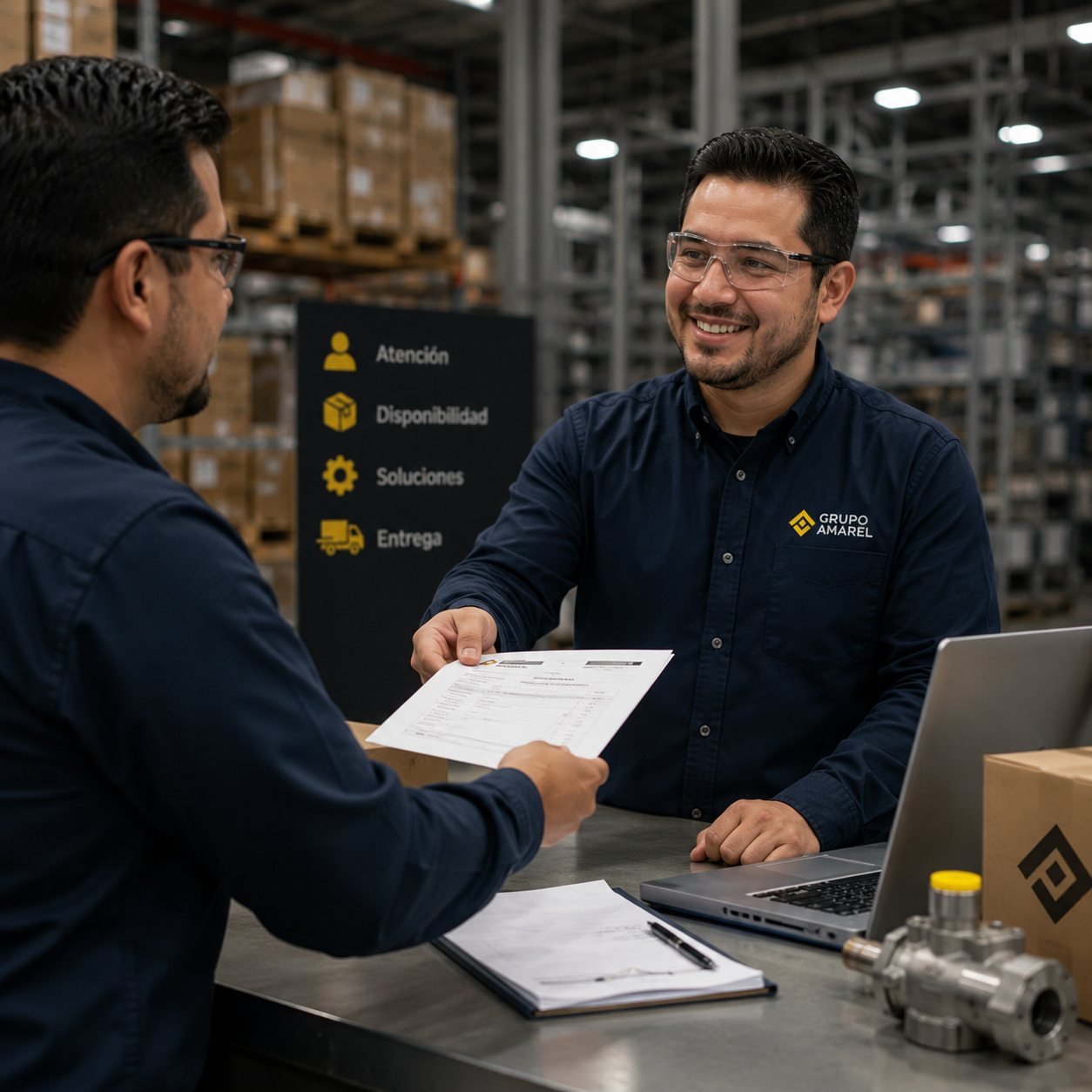 Especialista de Grupo Amarel brindando atención y asesoría técnica a un cliente para una solución industrial.