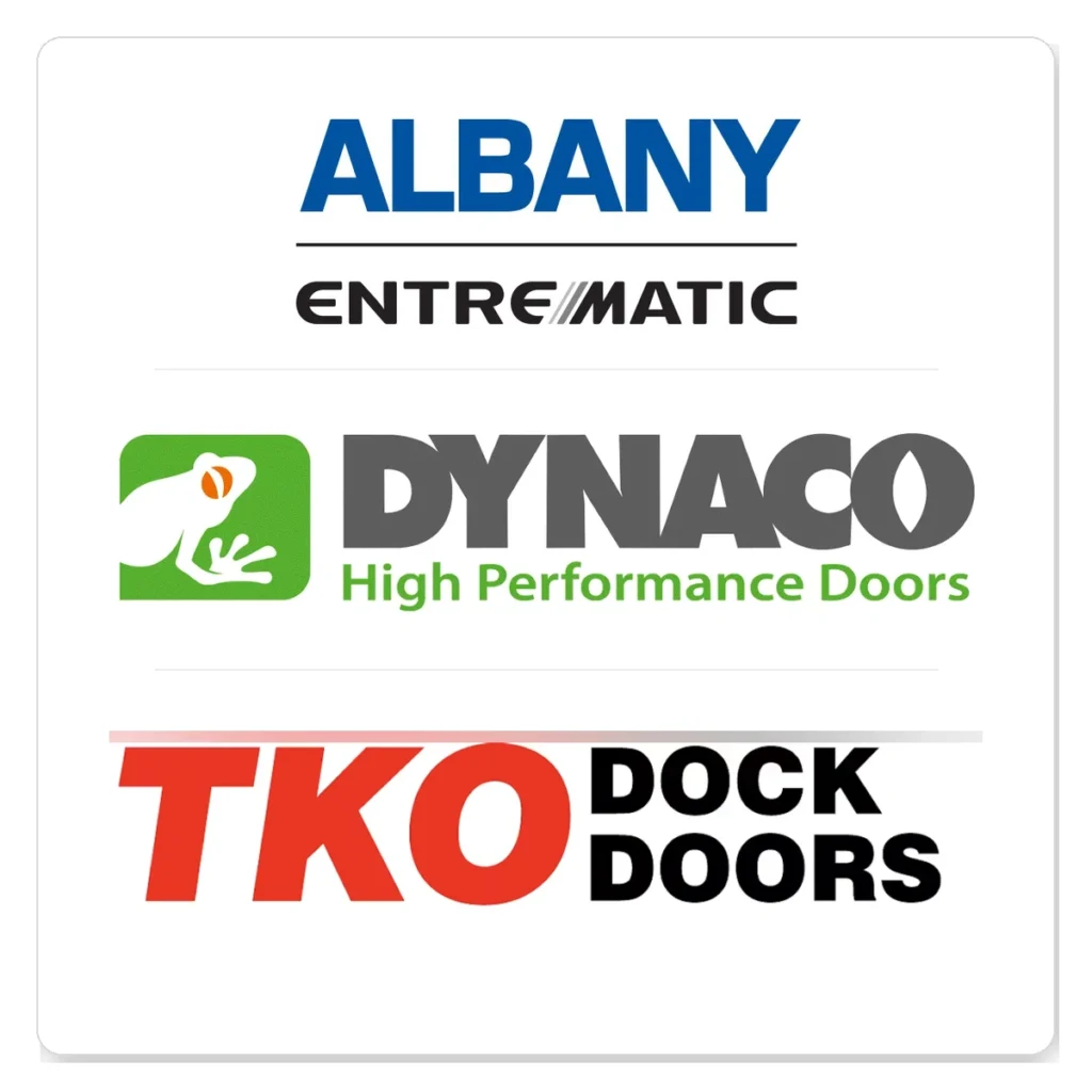Logos de Albany, Dynaco y TKO Dock Doors para soluciones de puertas industriales, puertas rápidas y andenes de carga gestionadas por Grupo Amarel