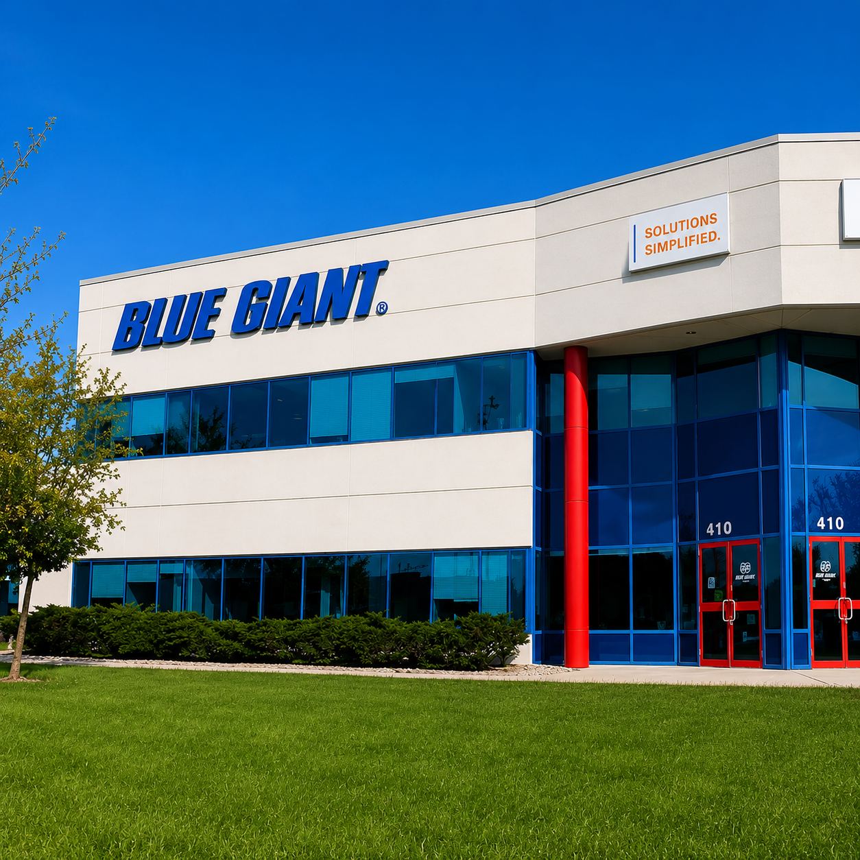 Edificio Blue Giant relacionado con repuestos, componentes y soluciones para andenes de carga gestionados por Grupo Amarel