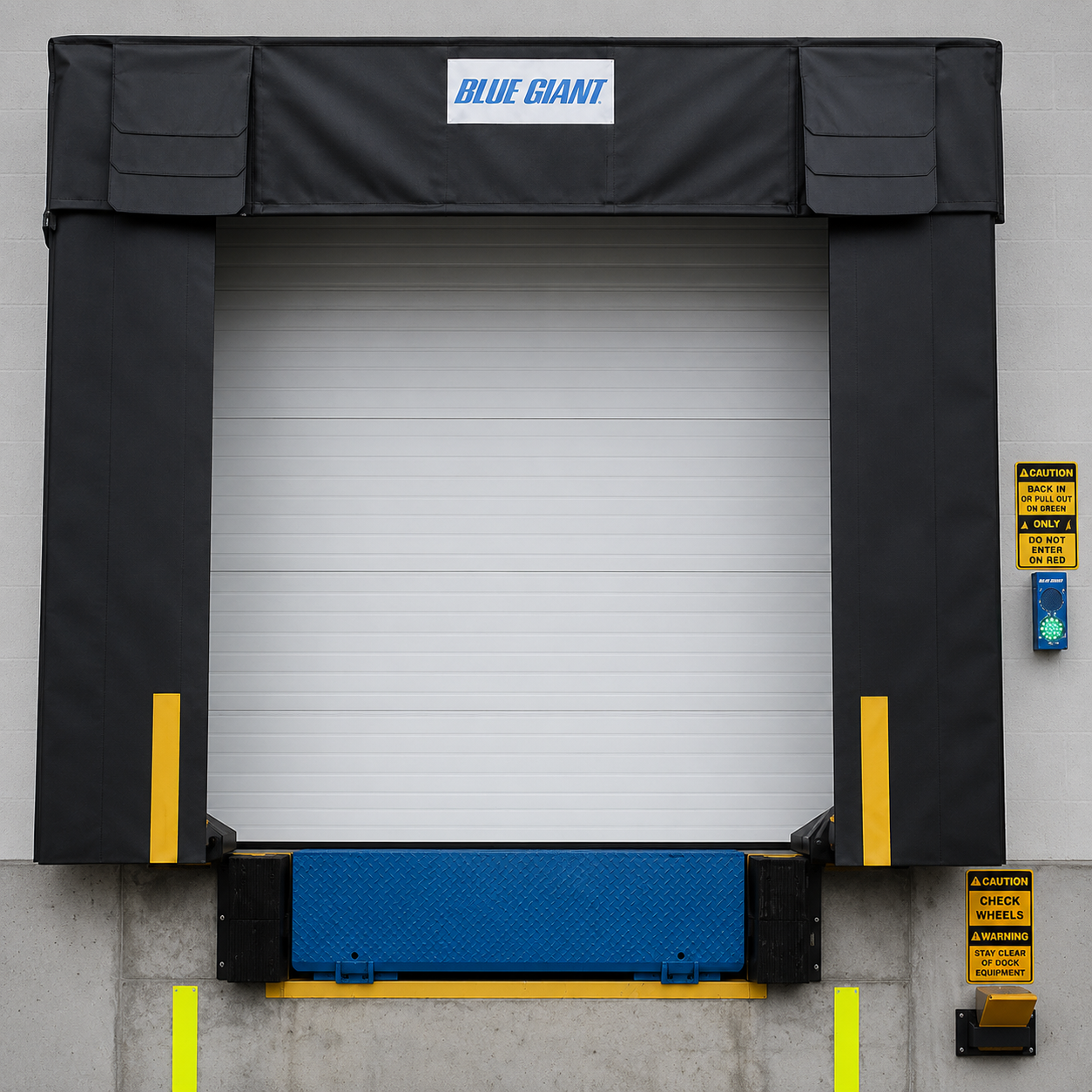 Sello y abrigo de andén Blue Giant para protección en áreas de carga y descarga gestionado por Grupo Amarel