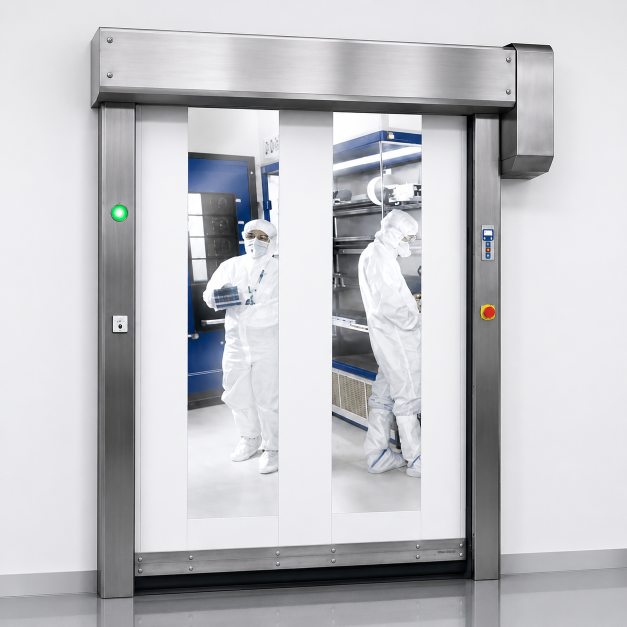 Puerta flexible de alto desempeño Dynaco para áreas limpias, producción industrial y control de ambiente gestionada por Grupo Amarel