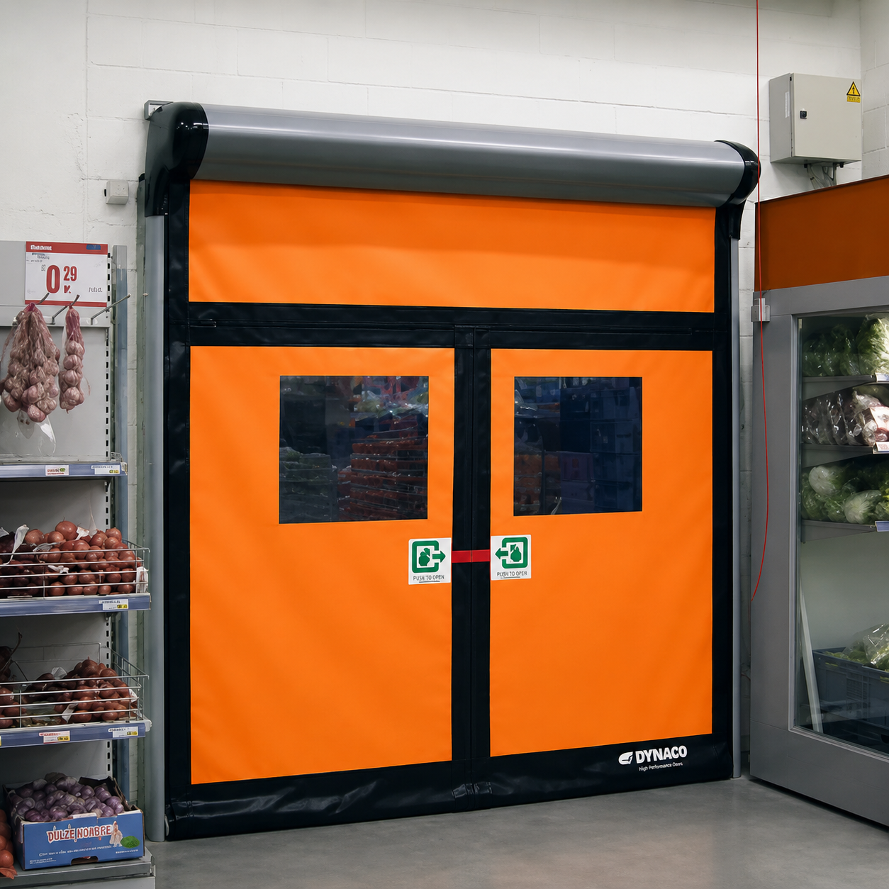 Puerta rápida industrial flexible Dynaco para áreas de producción, logística, alimentos y alto tráfico gestionada por Grupo Amarel