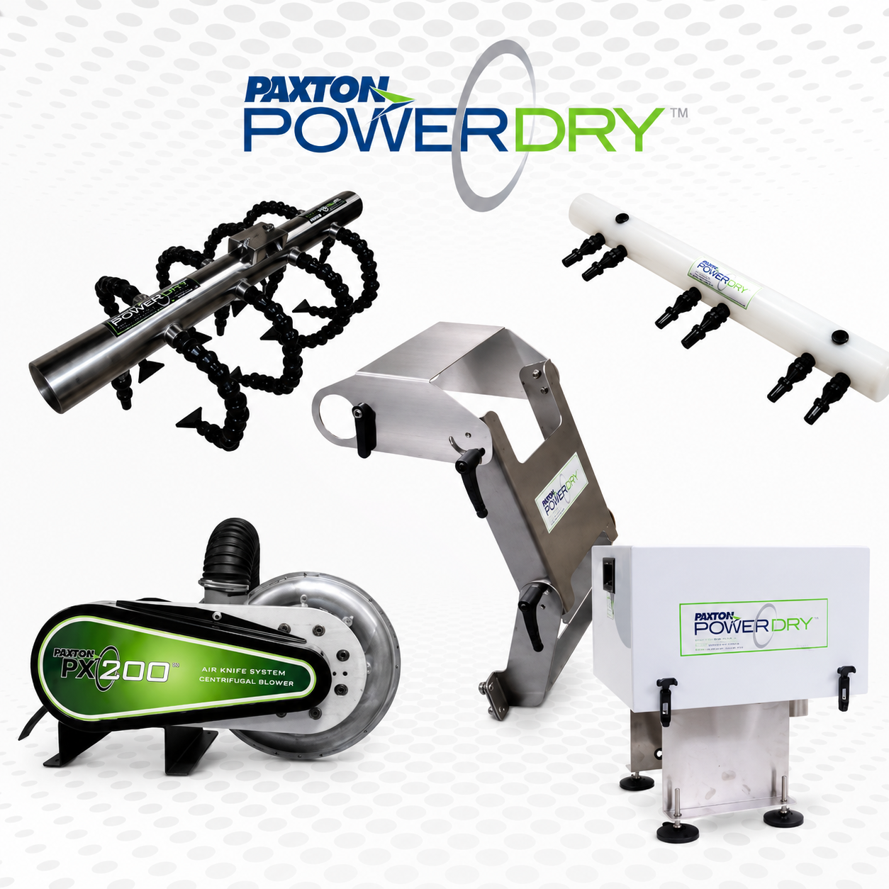 Sistemas Paxton Products PowerDry para secado por aire, soplado y remoción de humedad en líneas industriales gestionados por Grupo Amarel