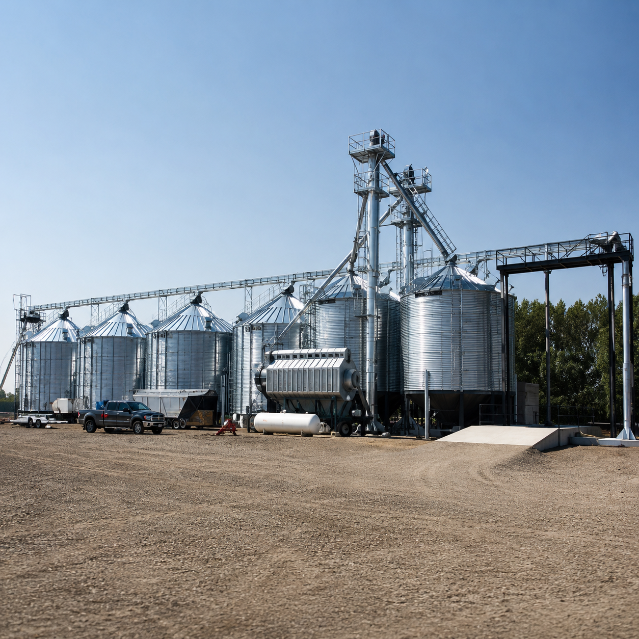 Sistema de silos Skyway Grain Systems para almacenamiento de granos y manejo de productos agrícolas gestionado por Grupo Amarel